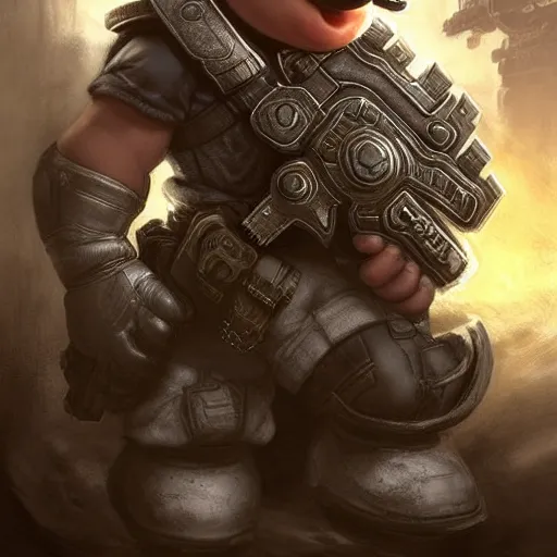 Image similar to cute little Super Mario in Gears of War cover art, ultra wide lens shot , tiny, small, short, cute and adorable, pretty, beautiful, DnD character art portrait, matte fantasy painting, DeviantArt Artstation, by Jason Felix by Steve Argyle by Tyler Jacobson by Peter Mohrbacher, cinematic lighting