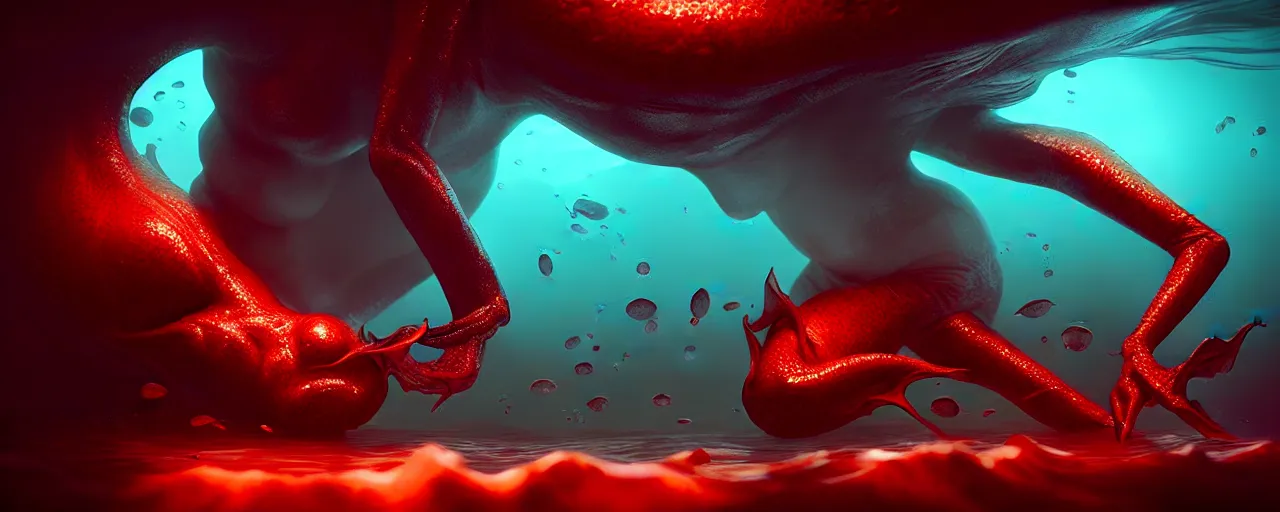 Prompt: ultra realistic horror photo of a dimly lit red female alien creature underwater, very intricate details, focus, full frame image, curvy, model pose, artwork by tooth wu and wlop and beeple and greg rutkowski, award winning