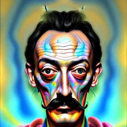 Image similar to An extremely psychedelic portrait of Salvador Dali, surreal, LSD, face, detailed, intricate, elegant, lithe, highly detailed, digital painting, artstation, concept art, smooth, sharp focus, illustration