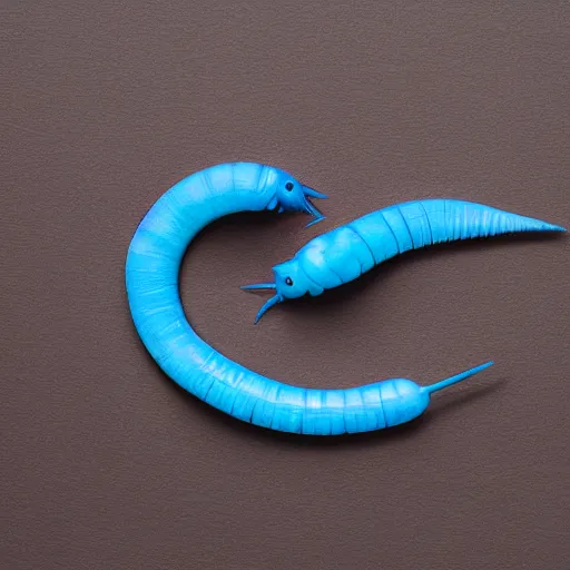 Prompt: studio photograph of a matte dark gray worm with a neon blue head and tail