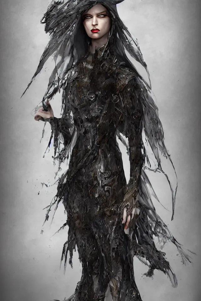 Prompt: realistic render, digital fashion, beautiful witch-woman in tactical camouflage poncho designed by alexander mcqueen and acronym, rim light, high key, ultra detailed, concept art, hyperdetailed