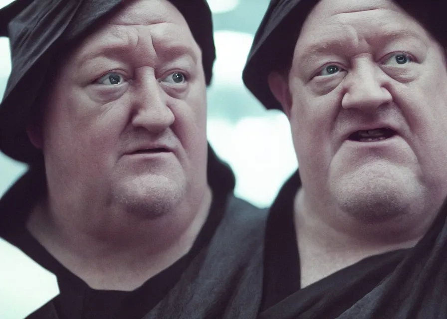 Image similar to still image of johnny vegas as a sith lord in a star wars movie, close - up, cinematic, 4 0 mm f / 2. 8, anamorphic