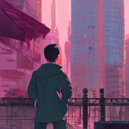 Image similar to damian wayne with pink haired friend, city landscape, Gotham, artstation, highly detailed, by makoto shinkai and thomas kindle and James gilleard