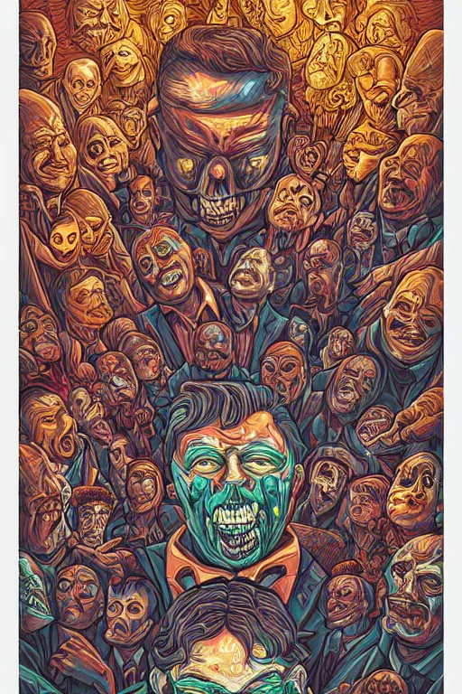 Prompt: twisting faces full of pain pleasure fear love joy and agony, by dan mumford