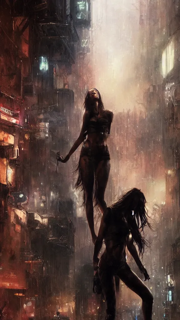 Image similar to bella thorne and megan fox, hyperrealistic full figure, bladerunner street, art of elysium by jeremy mann and frank frazetta, fantasy art, photo realistic, dynamic lighting, artstation, full figure poster, volumetric lighting, very detailed face, 4 k, award winning