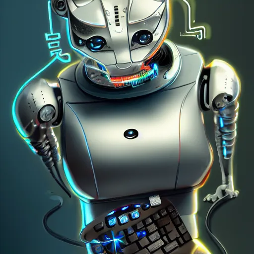 Image similar to a metallic robotic cyborg cat eating a computer mouse, cyberpunk, digital art, 8 k, trending on artstation