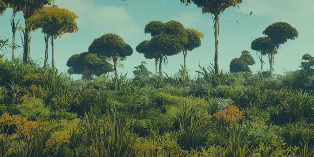 Image similar to abstract 3d rendered landscape with vegetation by james jean and painted in no mans sky style, redshift, octane