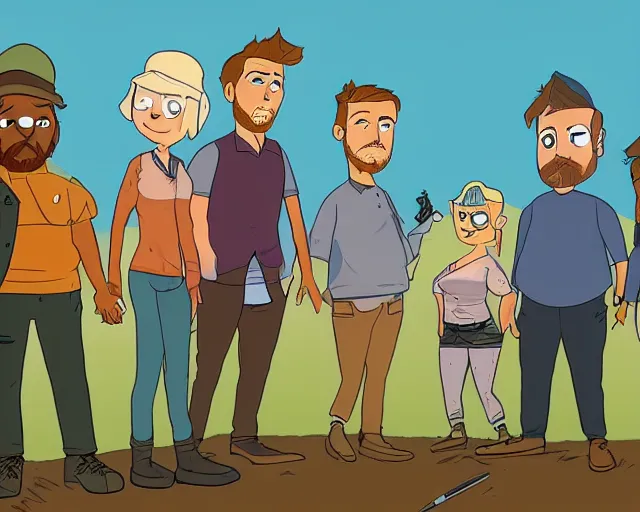 Prompt: The cast of shitts creek as drawn by titmouse animation studio