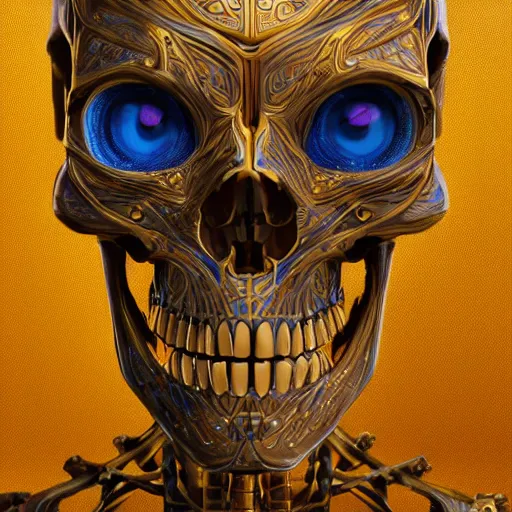 Image similar to hyperdetailed robotic skeleton head with blue human eyes, human eyes, symetry, golden ratio, iconography, intricate, detailed, volumetric lighting, scenery, digital painting, highly detailed, artstation, sharp focus, illustration, artstation, detailed cel shaded