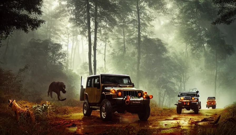 Image similar to Mahindra thar, in kerala forest, tigers and lions chasing, action scene, an epic fantasy, dramatic lighting, cinematic, establishing shot, extremely high detail, photorealistic, cinematic lighting, matte painting, artstation, by simon stalenhag, horizon forbideen west