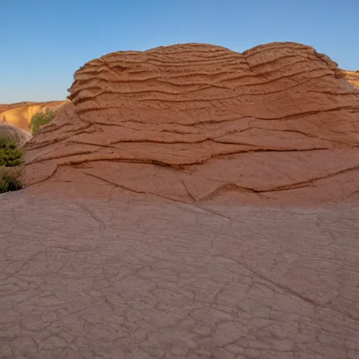 Prompt: cut sandstone structures cover a desert landscape