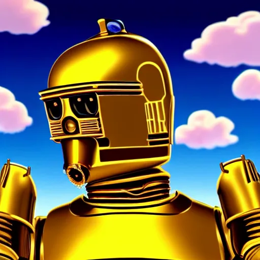 Image similar to entire body portrait of Simpson as C3PO in star wars, background blue sky puffy clouds cinematic 4k