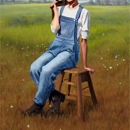 Image similar to young audrey hepburn wearing overalls, on a farm, painting by artgerm, greg rutkowski