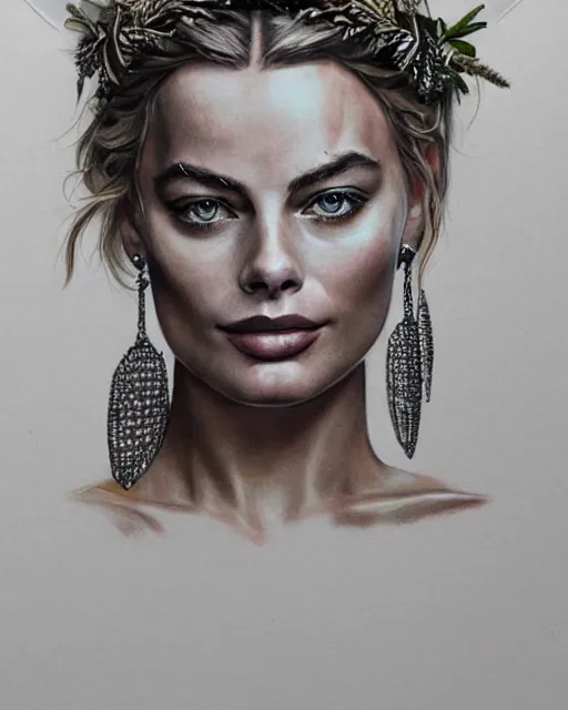 Image similar to realism tattoo sketch of margot robbie as a beautiful greek goddess aphrodite with piercing eyes wearing a laurel wreath and triangle earrings, in the style of greg rutkowski, amazing detail