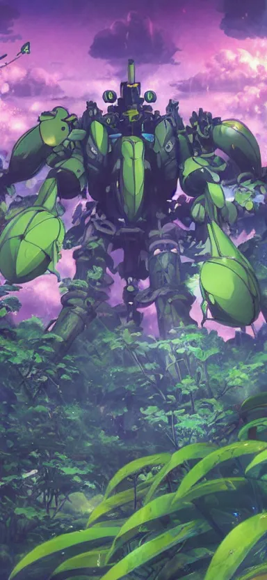 Image similar to giant plant mech, forest, key art, aesthetic, anime, shigeto koyama, hiroyuki imaishi