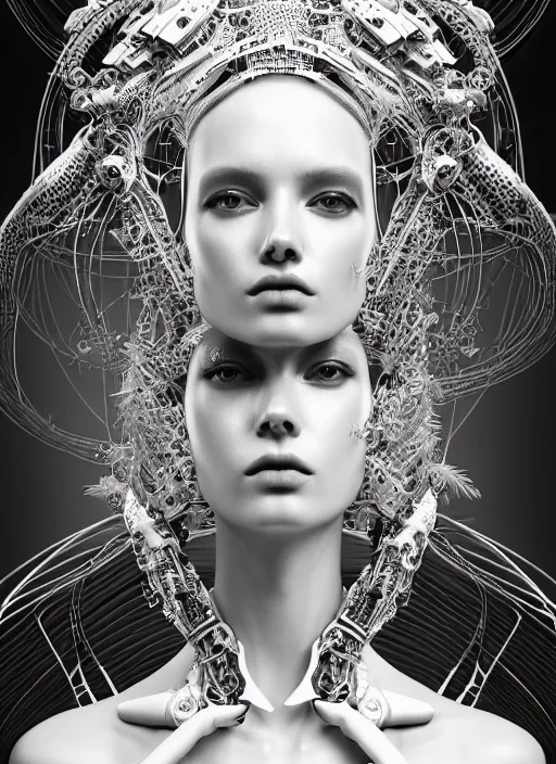 Image similar to portrait of an absurdly beautiful, graceful, sophisticated, fashionable cyberpunk mechanoid, hyperdetailed illustration by irakli nadar and vania zouravliov, matt wisniewski style, intricate linework, white porcelain skin, faberge, tropical fish headdress, unreal engine 5 highly rendered, global illumination, radiant light, detailed and intricate environment