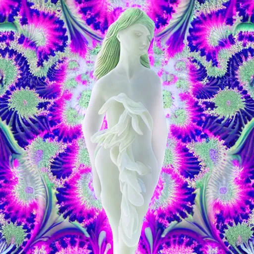 Image similar to glowing delicate flower and mushrooms that grow in a dark fatansy forest on the planet Pandora, an idealistic marble statue with fractal flowery hair in a fractal garden, - W 704