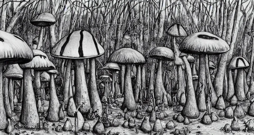 Prompt: A tribal village in a forest of giant mushrooms, by HR Giger