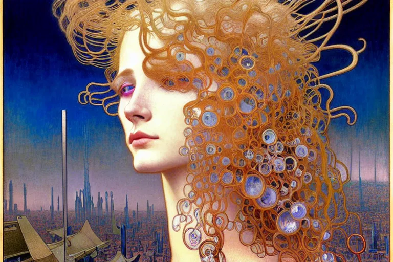 Image similar to realistic extremely detailed full length portrait painting of a girl with blond hair in a crowded modern sci-fi city street by Jean Delville, Amano, Yves Tanguy, Alphonse Mucha, Ernst Haeckel, Edward Robert Hughes, Roger Dean, rich moody colours, blue eyes