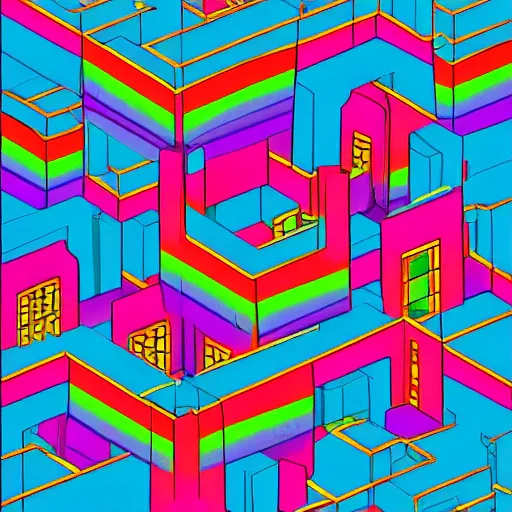 Image similar to futuristic city rainbow colours in the style of escher