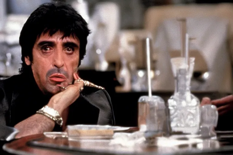 Image similar to medium shot. tony montana from movie scarface 1 9 8 3 sitting at a table with package of cocaine. al pacino. perfect symmetric face, coherent eyes, fine details, 4 k, ron cobb. cinestill