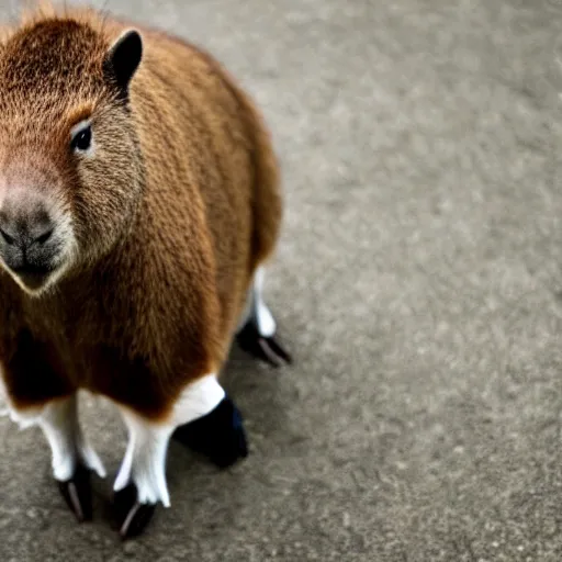 Image similar to a high detail photo of an antropomorphic capybara wearing a suit, subject= duck, subject detail: wearing a suit, photorealism