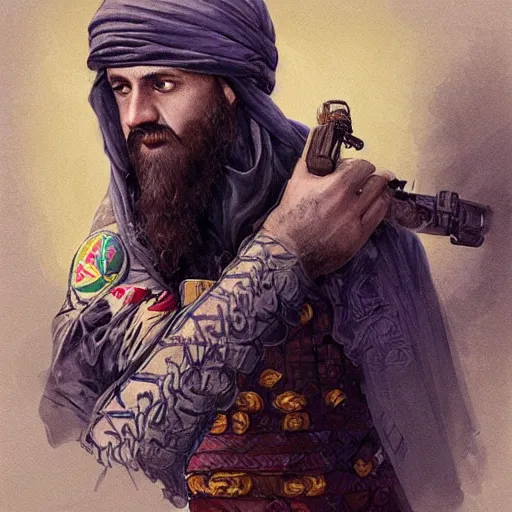 Image similar to Ter Stegen as Osama Bin Laden, Barcelona and Germany goalkeeper, D&D, fantasy, intricate, elegant, highly detailed, digital painting, artstation, concept art, matte, sharp focus, illustration, art by Artgerm and Greg Rutkowski and Alphonse Mucha