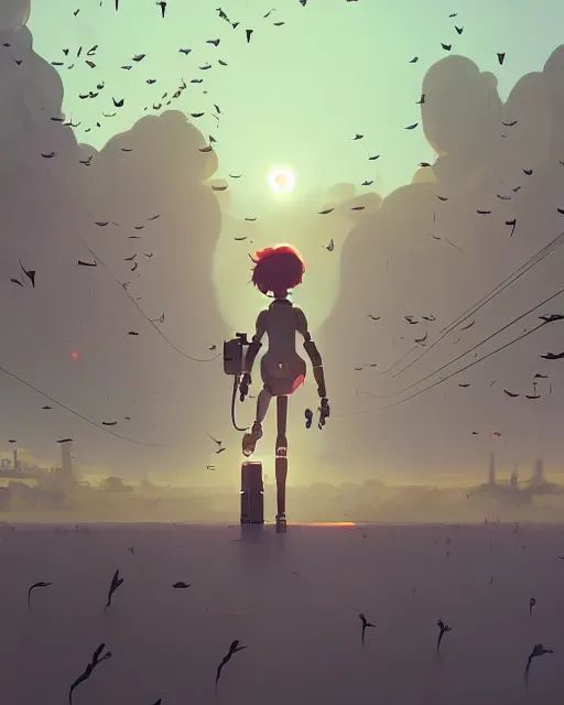Prompt: a robot surrounded by a flock of birds, cory loftis, james gilleard, atey ghailan, makoto shinkai, goro fujita, character art, exquisite lighting, clear focus, very coherent, plain background, soft painting