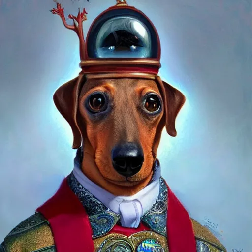 Image similar to dachshund as humpty dumpty | highly detailed | very intricate | elaborate outfit | symmetrical | cinematic lighting | award - winning | closeup portrait | painted by donato giancola and mandy jurgens and charlie bowater | featured on artstation