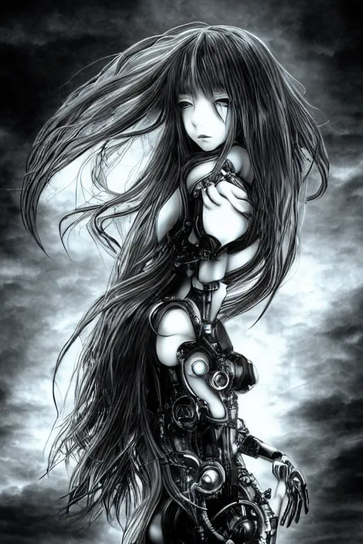 Image similar to a vertical portrait of a character in a scenic environment by Yoshitaka Amano, black and white, dreamy, cybernetic suit, wavy long black hair, highly detailed