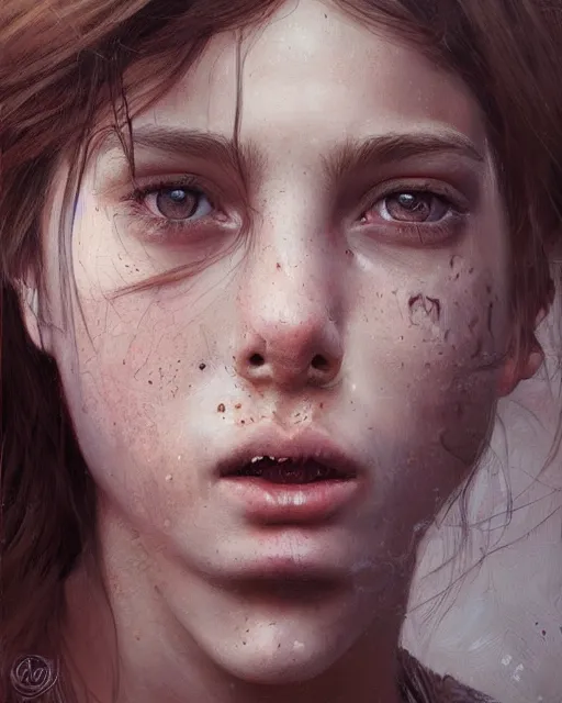 Image similar to portrait of 1 5 - year - old girl with thick brown hair, large front teeth, and bright piercing brown eyes, hyper realistic face, beautiful eyes, fantasy art, in the style of greg rutkowski, intricate, hyper detailed, smooth