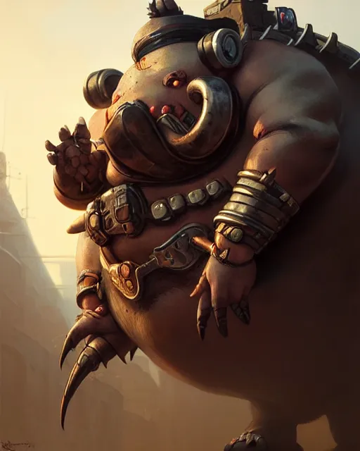 Image similar to roadhog from overwatch, character portrait, portrait, close up, concept art, intricate details, highly detailed by greg rutkowski, michael whelan and gustave dore