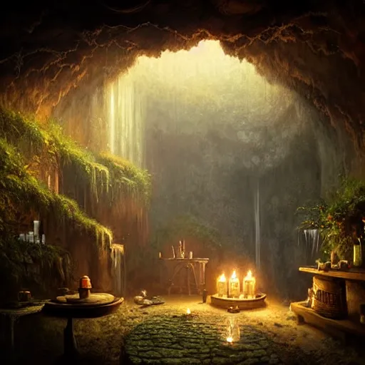 Image similar to cozy bathhouse hidden in a cave, candlelight, towels, cushions, natural light, lush plants and flowers, elegant, intricate, fantasy, atmospheric lighting, by Greg rutkowski