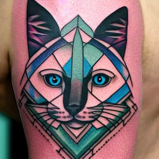 Image similar to a geometric tattoo of a siamese cat with blue eyes