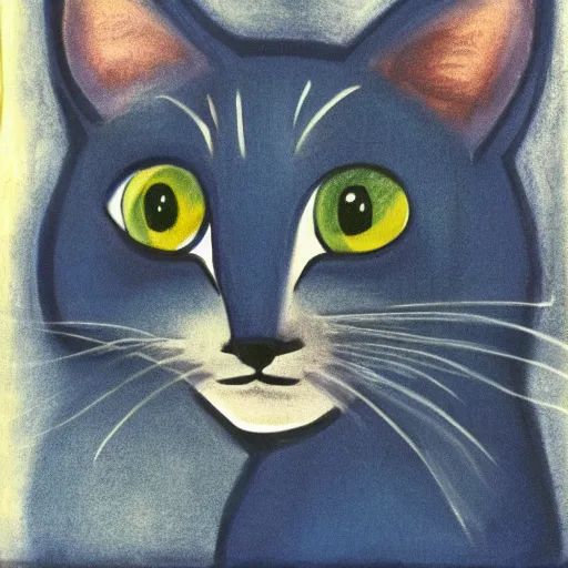 Prompt: The blue cat looking out of the window at night