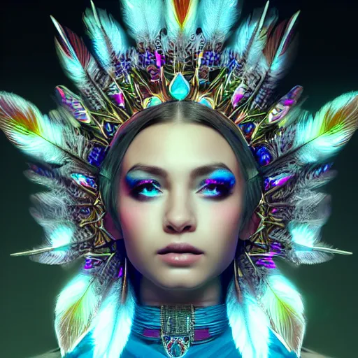 Image similar to portrait highly detailed beautiful symmetrical face high priestess intricate elegant detailed crystal jewellery with tribal feathers, lush colourful volumetric lighting, anime digital painting, concept art, smooth, sharp focus 3 d, divine realm of gods, realistic cinematic style, octane render, photographic, unreal engine 8 k