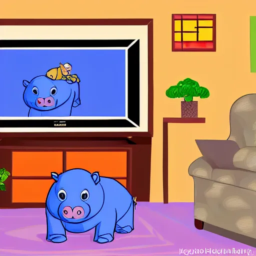 Image similar to a baby hippo lives in a cozy house. it likes to watch tv in the family room. digital art. pixar. toy story.