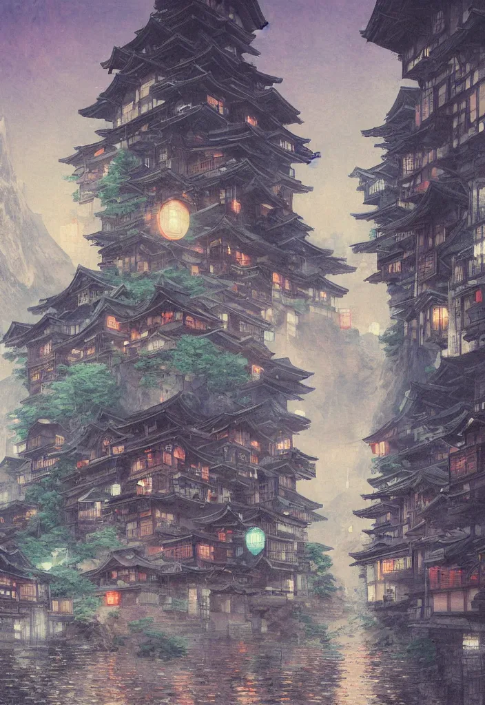 Prompt: a beautiful japanese city in the mountain, amazing ryokans and edo era houses, waterfall, yokai characters. epic cyberpunk. visible pipes, lanterns, lofi vibe, vivide colors, amazing light, light beams with dust, mesmerizing nature, by jeremy lipkin, by claude monet, by makoto shinkai, futuristic city, inspired by ghibli, masterpiece