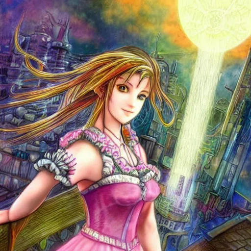 Image similar to a dreamy colorful drawing of aerith gainsborough from from final fantasy 7 with the steam punk city midgard as backdrop by master artist yoshitaka amano