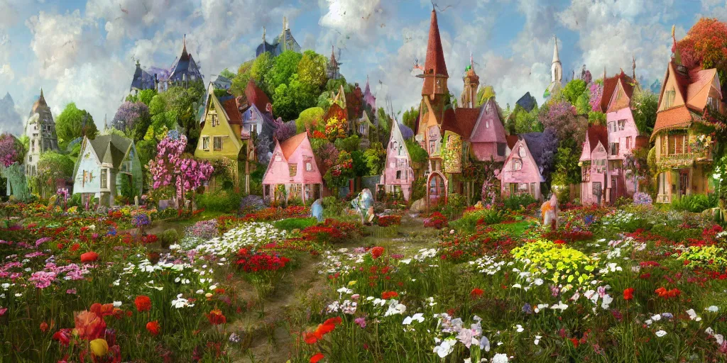 Prompt: a hyper intricate 3 d artwork of beautiful little houses made of flowers in a serene field, intricate, highly detailed, digital painting, artstation, concept art, extremely detailed, sharp focus, octane render wide view, soft shading, digital illustration, colorful, style of hieronymus bosch