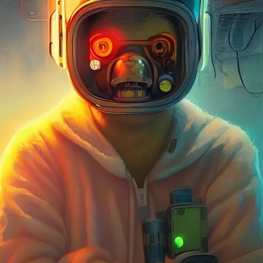 Image similar to fry futurama furry cyberpunk apocalyptic portrait by gaston bussierre and charles vess and james jean and erik jones and rhads, inspired by rick and morty, epic, funny, huge scale, beautiful fine face features, intricate high details, sharp, ultradetailed