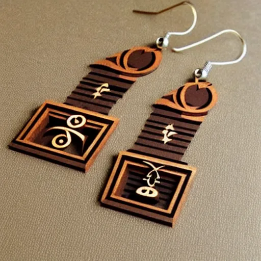 Image similar to 2 d wood lasercut earrings, mystical symbols, 8 k, hd, trending on amazon on artstation, trending on deviantart, trending on etsy, epic digital art