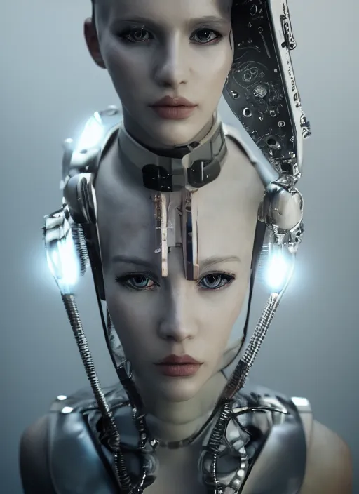 Image similar to white cyborg fashion shot, cyber copper wires and spirals hairdo, baroque design, headshot half figure, photorealistic, unreal engine, trending on artstation,