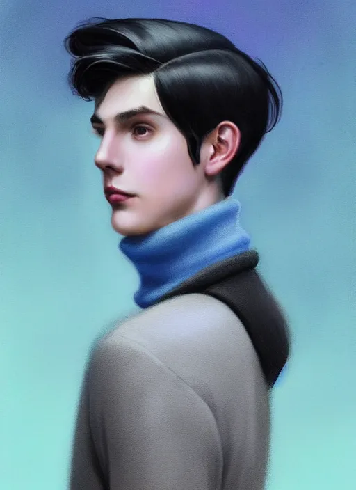 Image similar to portrait of teenage jughead jones wearing a light grey crown, crown, blue turtleneck, 1 9 5 0 s, closed eyes, photorealistic, black hair, glowing lighting, intricate, elegant, glowing lights, highly detailed, digital painting, artstation, concept art, smooth, sharp focus, illustration, art by wlop, mars ravelo and greg rutkowski