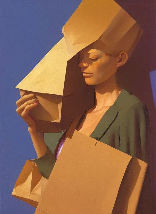 Image similar to woman portrait with a paper bag over the head Edward Hopper and James Gilleard, Zdzislaw Beksinski, highly detailed