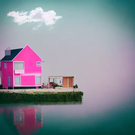 Image similar to dream a 5 0 mm lens photograph of a cute pink floating modern house, floating in the air between clouds, inspired by the movie up, held up from above by heart ballons. mist, playful composition canon, nikon, award winning, photo of the year