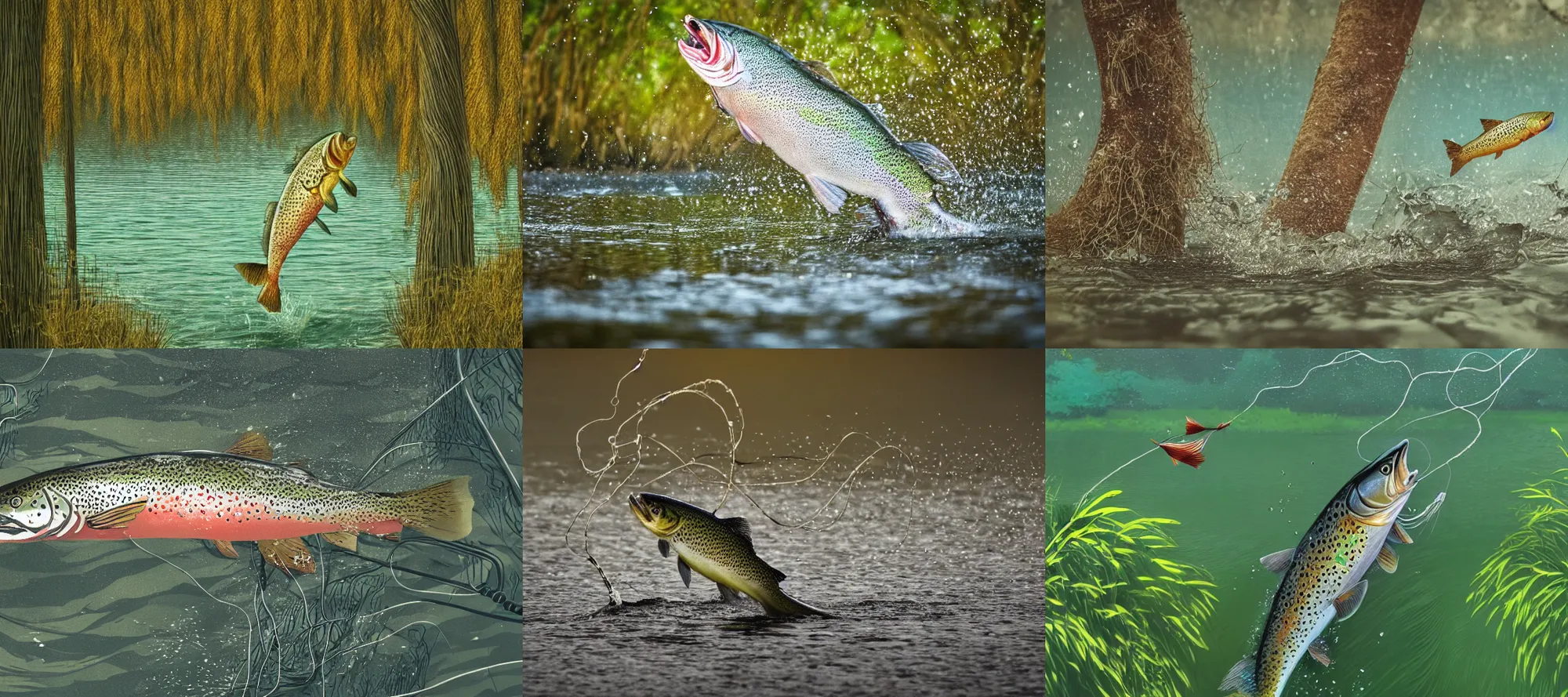 Prompt: close up photo of a giant trout leaping out of in a lake on a fishing line, summer, lake, willow trees, trending on art station, dynamic lighting, stark contrasts, detailed and intricate environment