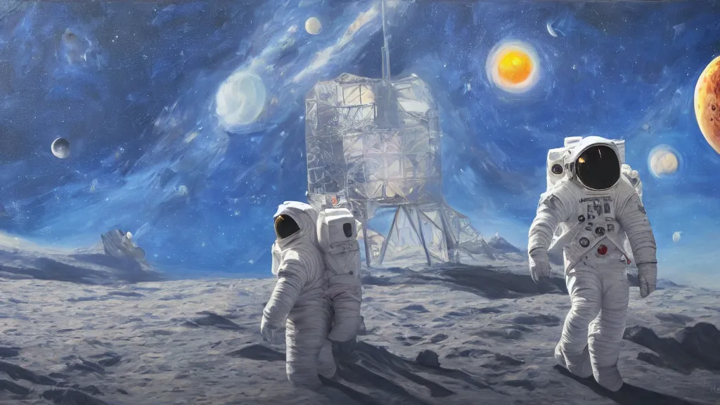 Image similar to an astronaut among goliaths in a landscape, oil on canvas, painting, 4k, wide shot