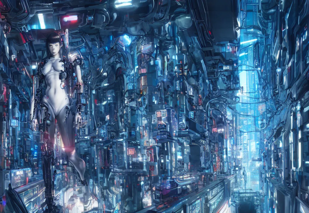 Prompt: shot of film by cyberpunk syle, human like a cyborg full body in detailed data center, character design, symmetrical, vivid color, complementary color, detailed, sharp lines, trending on artstation, volumetric lighting, by ayami kojima, by takato yamamoto, by barclay shaw octane render