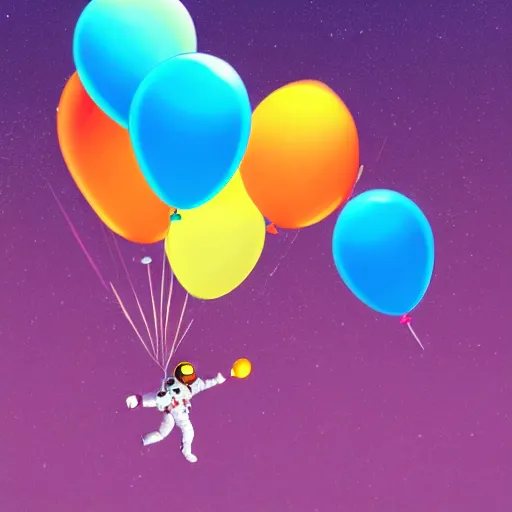 Image similar to an Astronaut floating away holding onto a bunch of colourful balloons, vivid colors, artstation